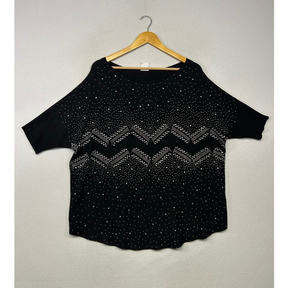 Boho Glam Luna Women 3X Black Studded Geometric Dolman Short Sleeve Knit Top